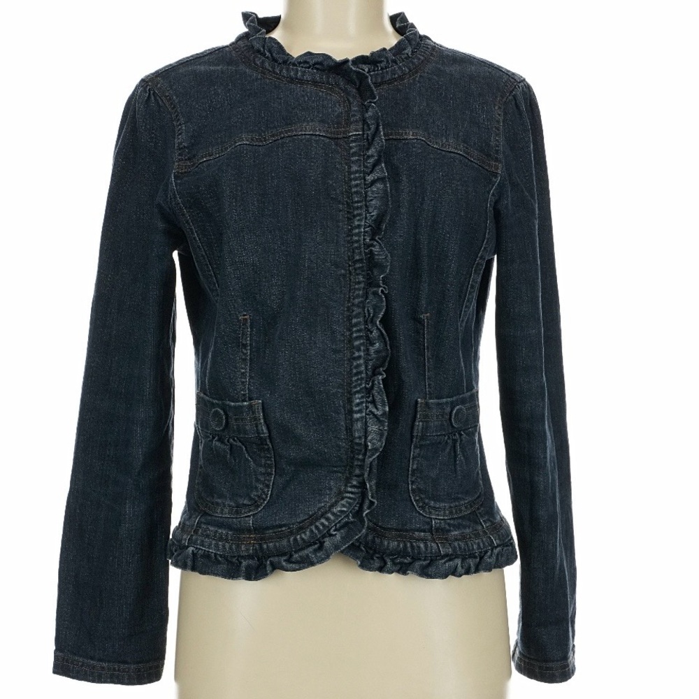 **SOLD**Caslon Dark Wash Ruffle-Trim Denim Jacket – Feminine & Fitted